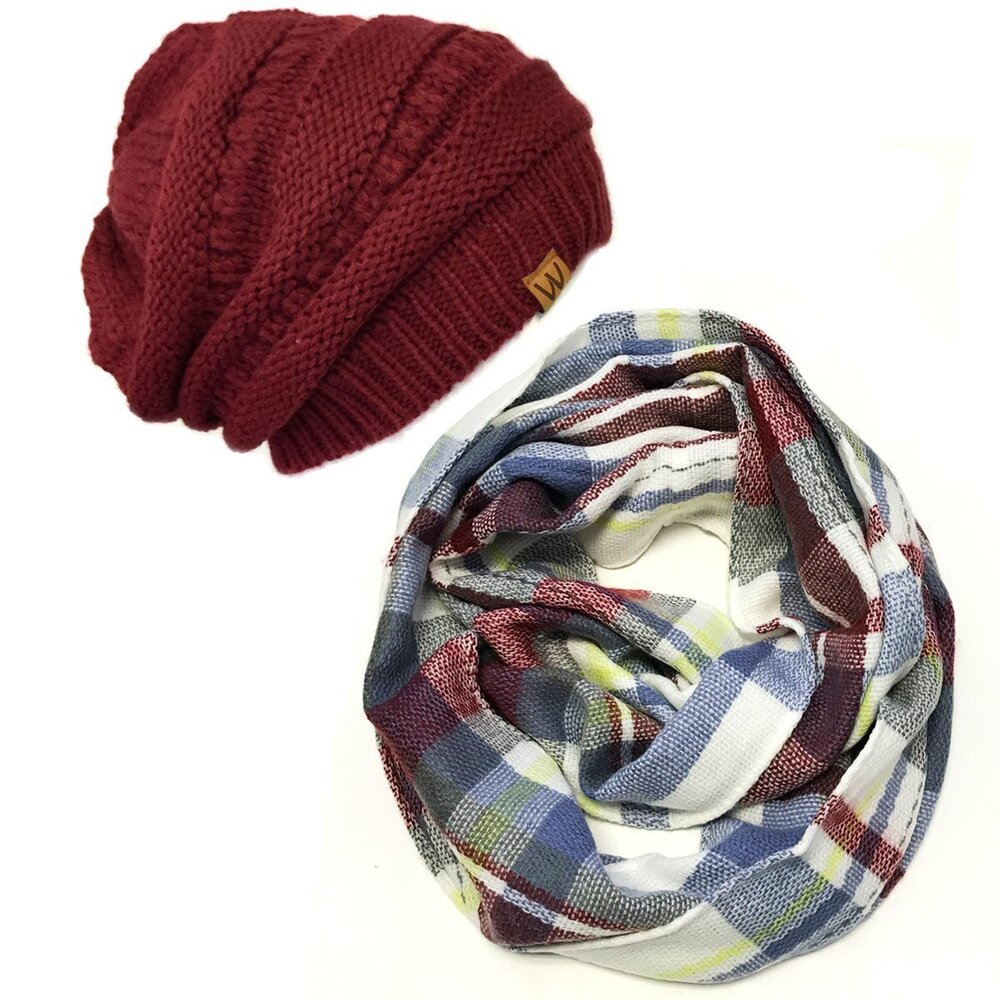 3834 Tartan Winter Infinity Scarf with Beanie, Gray/Burgundy + Wine Red